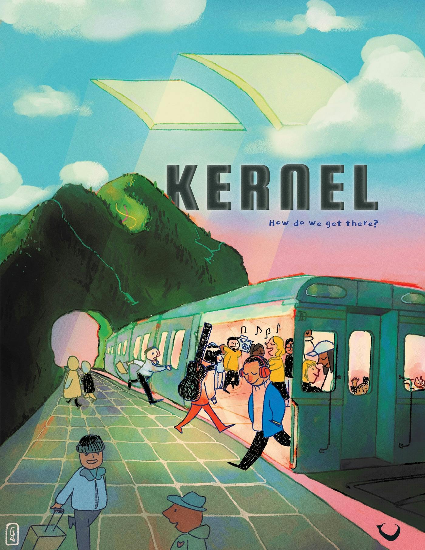 Cover image art for issue 4 of Kernel Magazine. On a blue and orange background, various cultural representations of luck (such as playing cards, a cat, fortunetelling hands, dice) cascade in a diagonal.