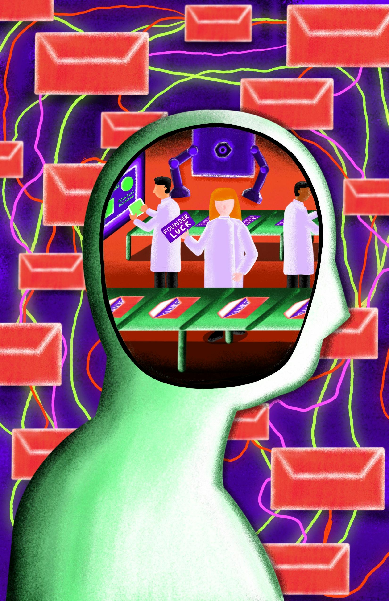 An abstract illustration of a head silhouette. Inside the head, a factory-like setting can be seen with workers slipping rectangles labeled "founder luck" inside red envelopes.