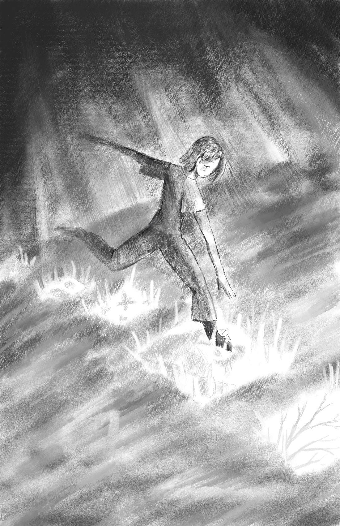 A person with a bob and bangs runs through a field. They are on a path made of square-shaped patches of grass, which seem to be glowing.