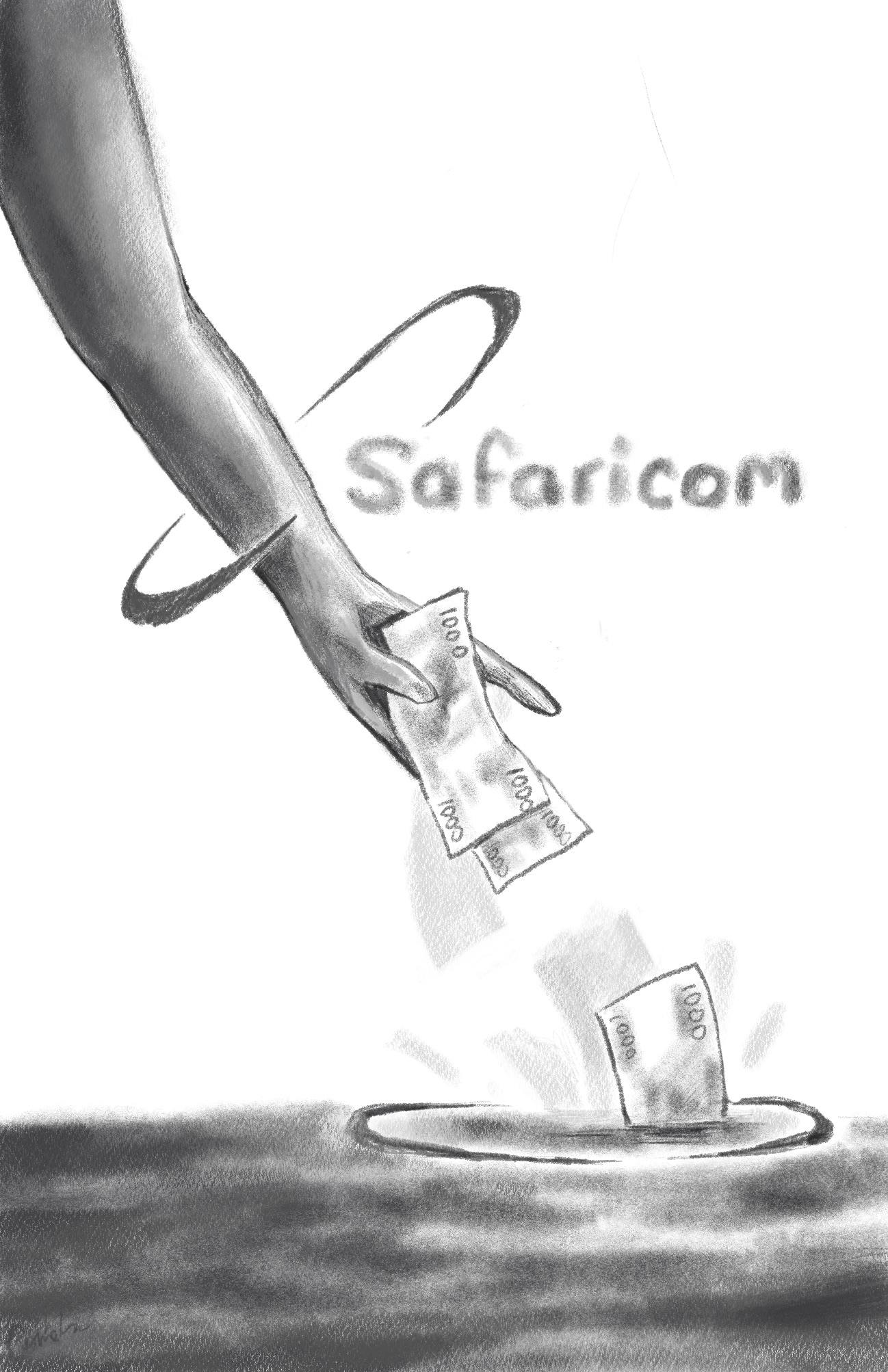 Hands transferring cash, with the text Safaricom in an airbrush style.