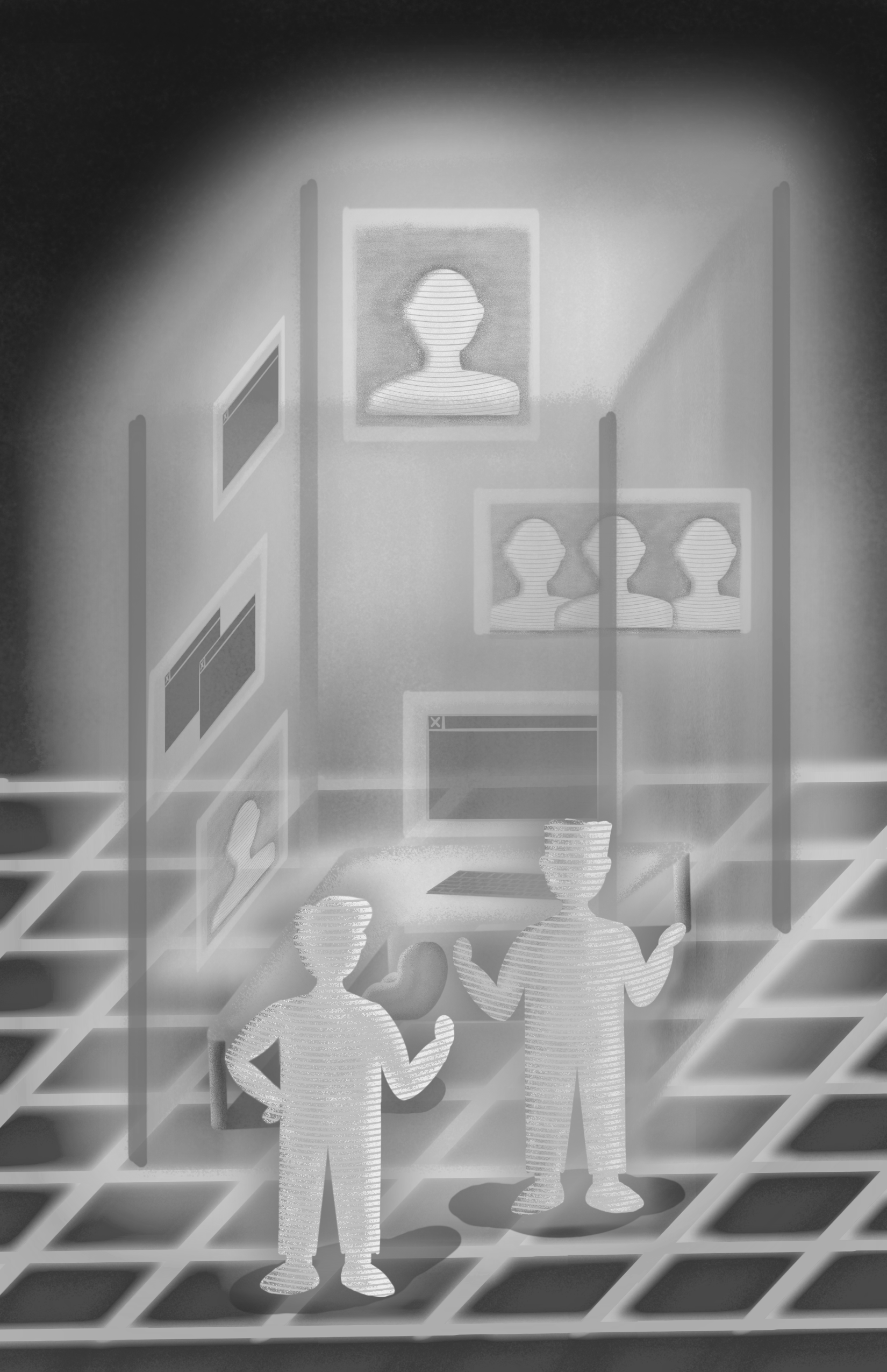 Stylized illustration of workers in semi-transparent cubicles