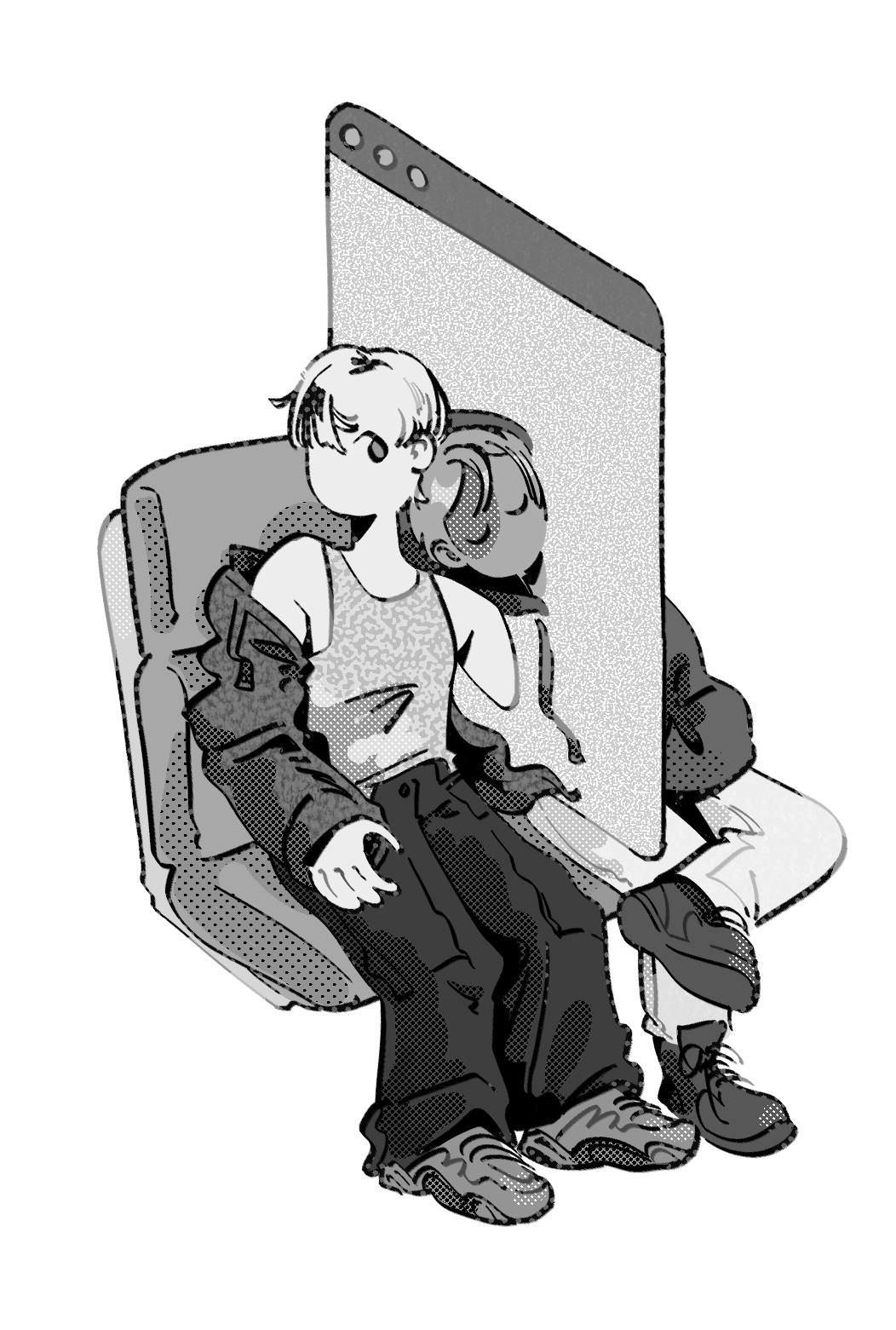 Stylized illustration of two people riding a train, one with their head on the other's shoulder. A screen separates the two.